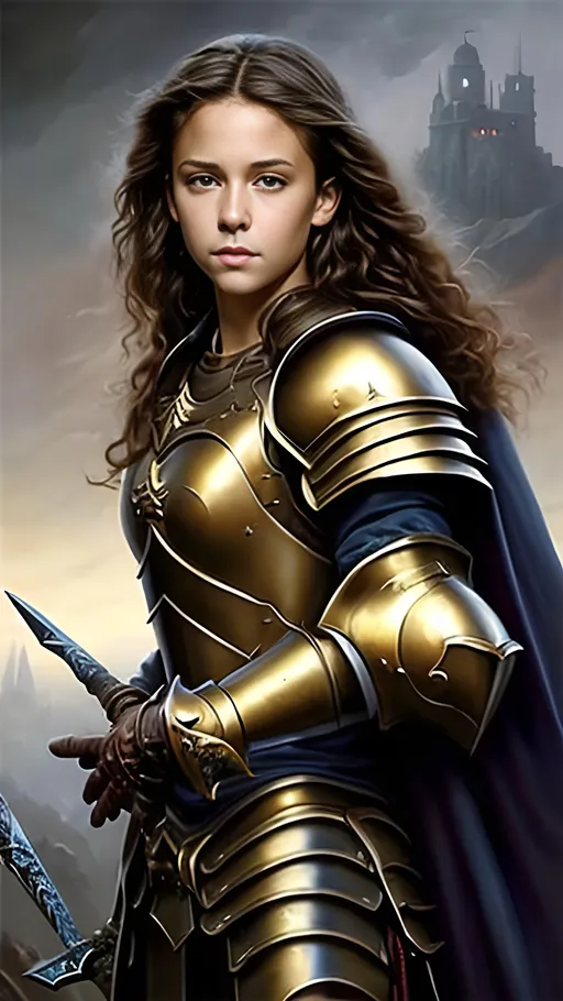 Prompt: airbrushed matte oil painting, masterpiece:1.4, best quality:1.0
realistic beautiful face, medieval fantasy portrait, highly detailed; handsome young female paladin, gold plate armor, in the style of Eric Belisle