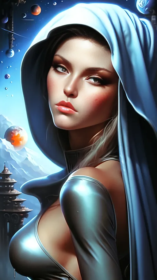 Prompt: airbrushed matte oil painting, masterpiece :1.4, best quality:1.0, retro-futuristic space fantasy heroine, beautiful face, scantily clad female, character portrait, in the style of Eric Belisle