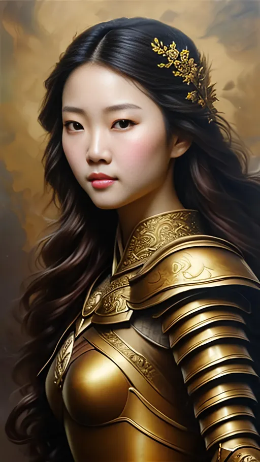 Prompt: airbrushed matte oil painting, masterpiece:1.4, best quality:1.0,
highly detailed, beautiful face, asian woman, medieval fantasy portrait, beautiful young female, paladin, gold plate armor, gold helmet, in the style of Eric Belisle