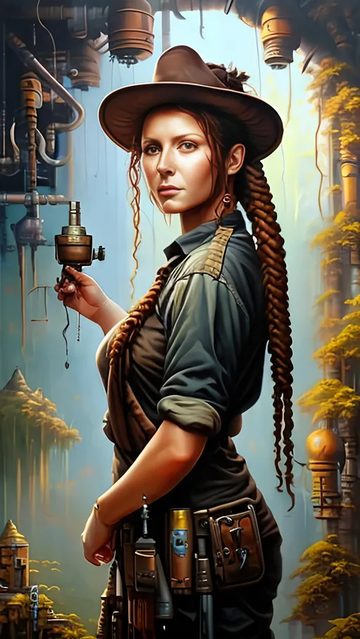 Prompt: airbrushed oil painting, masterpiece :1.4, best quality:1.0, solarpunk female settler, character portrait, in the style of Eric Belisle