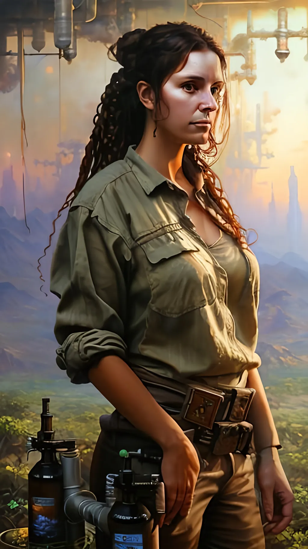 Prompt: airbrushed oil painting, masterpiece :1.4, best quality:1.0, solarpunk female homesteader, character portrait, in the style of Eric Belisle