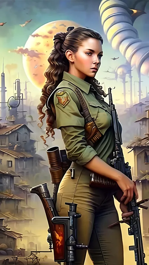 Prompt: airbrushed matte oil painting, masterpiece :1.4, best quality:1.0, optimistic future, solar-powered agricultural town, beautiful female solarpunk sheriff, shouldered rifle, character portrait, in the style of Eric Belisle