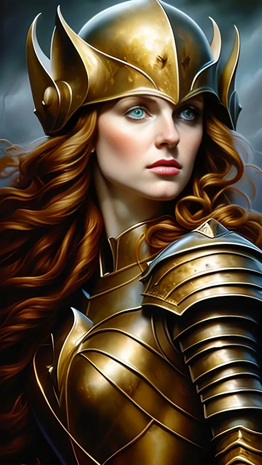 Prompt: airbrushed matte oil painting, masterpiece:1.4, best quality:1.0,
highly detailed face, beautiful irish woman, medieval fantasy portrait, beautiful young female, paladin, red-hair, gold plate armor, gold helmet, in the style of Eric Belisle