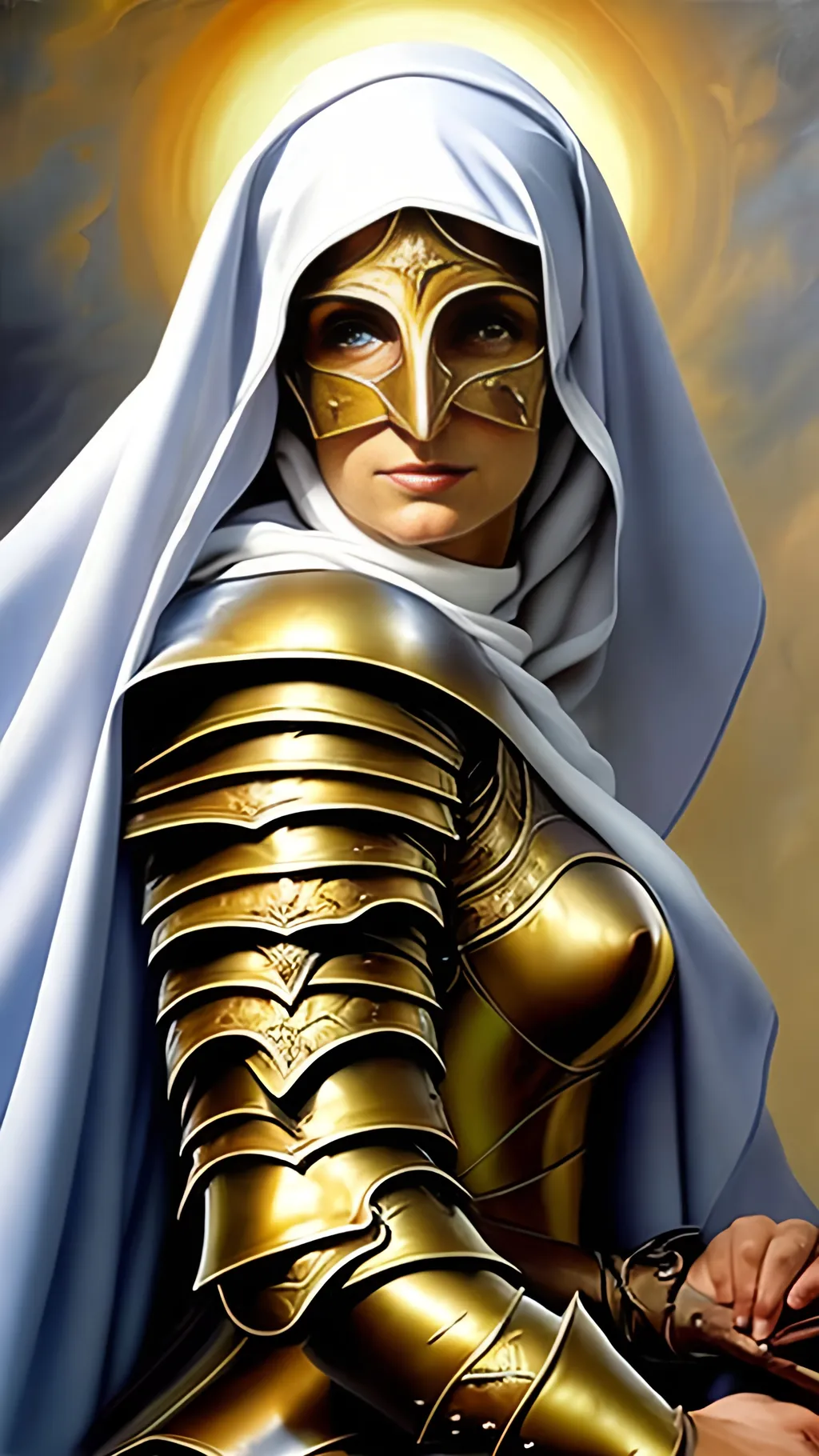 Prompt: airbrushed matte oil painting, masterpiece:1.4, best quality:1.0
beautiful, sun tanned face, medieval fantasy portrait, pretty female warrior nun, gold plate armor, in the style of Eric Belisle