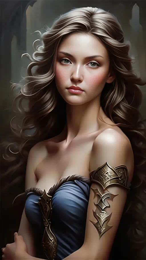 Prompt: airbrushed matte oil painting, masterpiece :1.4, best quality:1.0, medieval fantasy, female, character portrait, in the style of Eric Belisle