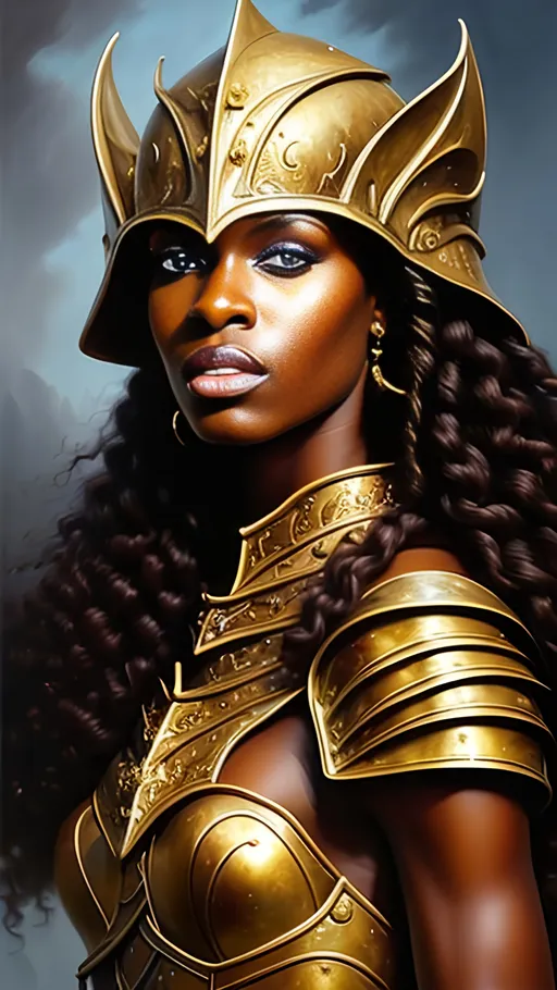 Prompt: airbrushed matte oil painting, masterpiece:1.4, best quality:1.0,
highly detailed, beautiful face, black african woman, medieval fantasy portrait, beautiful young female, paladin, gold plate armor, gold helmet, in the style of Eric Belisle