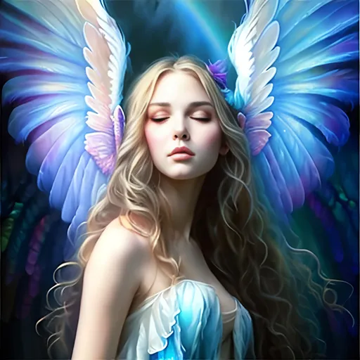 Prompt: airy airbrushed oil painting, masterpiece :1.4, best quality:1.0, highly detailed beautiful face, buxom female angel, feathered neon rainbow wings, diaphonous white chiffon dress, character portrait, in the style of Eric Belisle