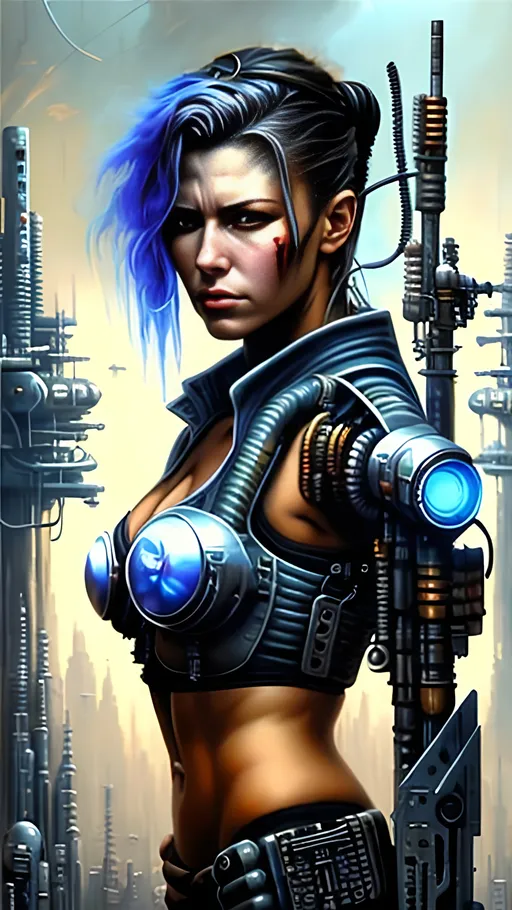 Prompt: airbrushed matte oil painting, masterpiece :1.4, best quality:1.0, cyberpunk, female cyborg mercenary, character portrait, in the style of Eric Belisle