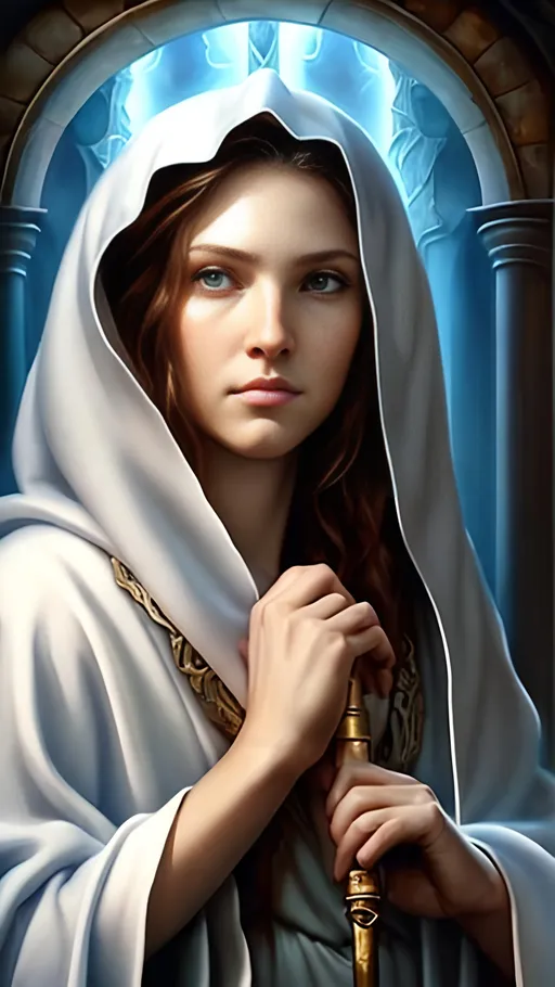 Prompt: airbrushed matte oil painting, masterpiece:1.4, best quality:1.0, photorealistic, highly detailed, medieval fantasy, angelic face, serene expression, character portrait, angelic face, serene expression, female aasimar warrior nun, golden sun amulet, white robes, in the style of Eric Belisle
