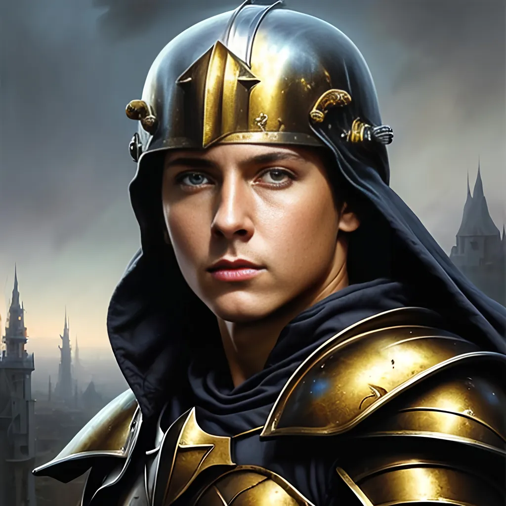 Prompt: airbrushed matte oil painting, masterpiece:1.4, best quality:1.0
realistic beautiful face, medieval fantasy portrait, highly detailed; handsome young female paladin, gold plate armor, in the style of Eric Belisle