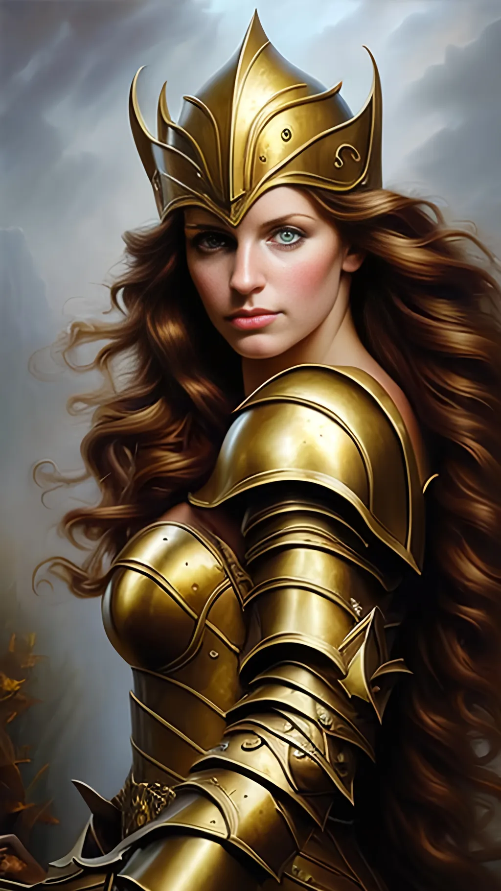 Prompt: airbrushed matte oil painting, masterpiece:1.4, best quality:1.0,
highly detailed face, beautiful irish woman, medieval fantasy portrait, beautiful young female, paladin, gold plate armor, gold helmet, in the style of Eric Belisle