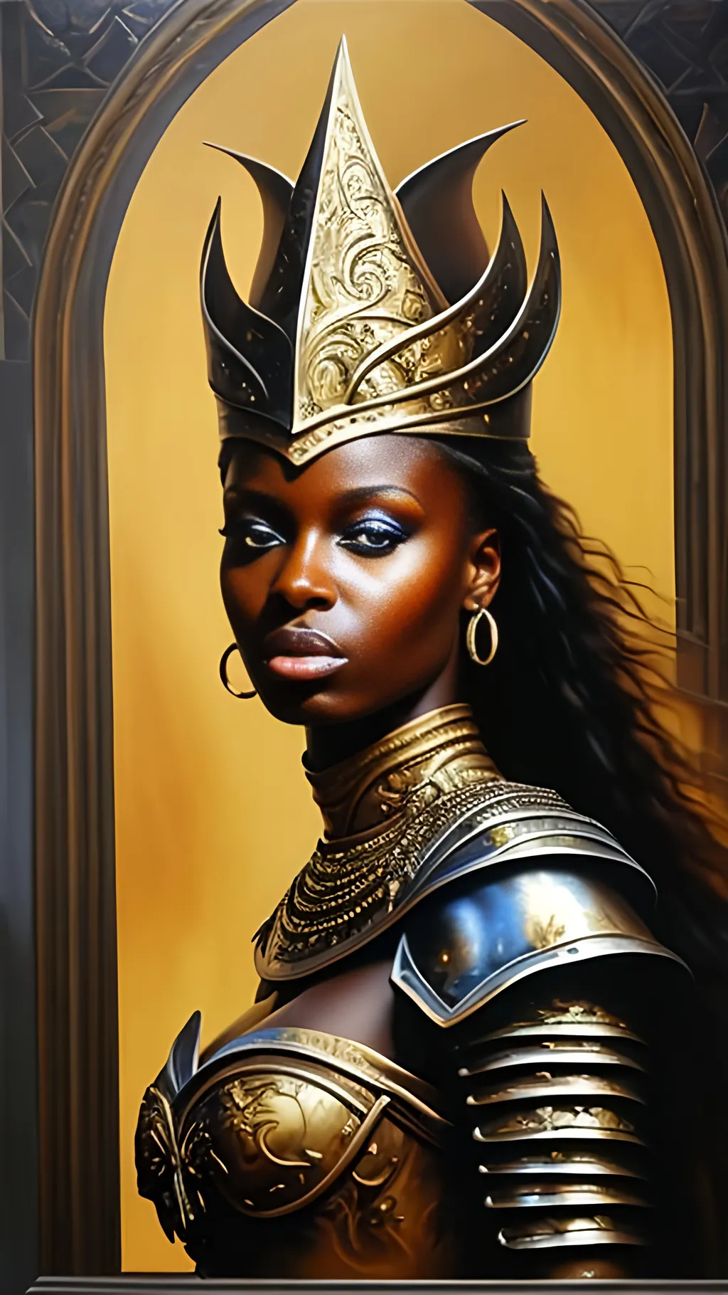 Prompt: airbrushed matte oil painting, masterpiece:1.4, best quality:1.0,
highly detailed, beautiful face, black african woman, medieval fantasy portrait, beautiful young female, paladin, gold plate armor, gold helmet, in the style of Eric Belisle