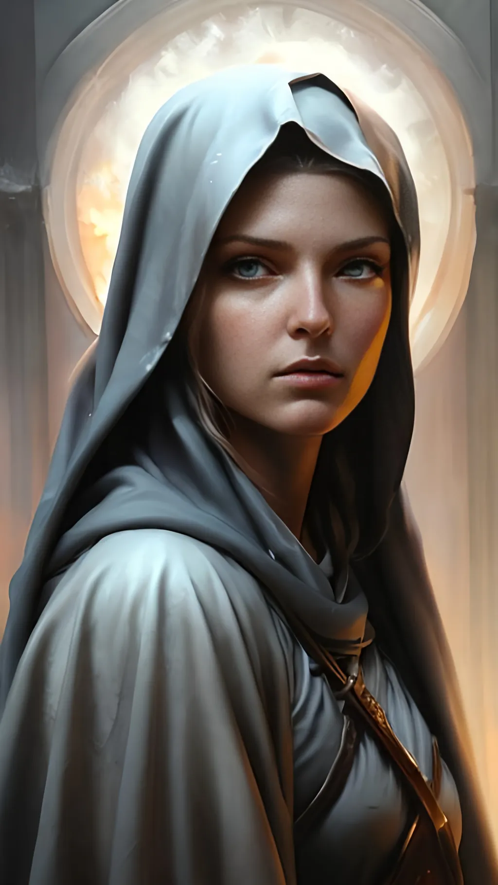 Prompt: airbrushed matte oil painting, masterpiece:1.4, best quality:1.0, photorealistic, highly detailed, medieval fantasy, character portrait, angelic face, female aasimar warrior nun, serene expression, in the style of Eric Belisle