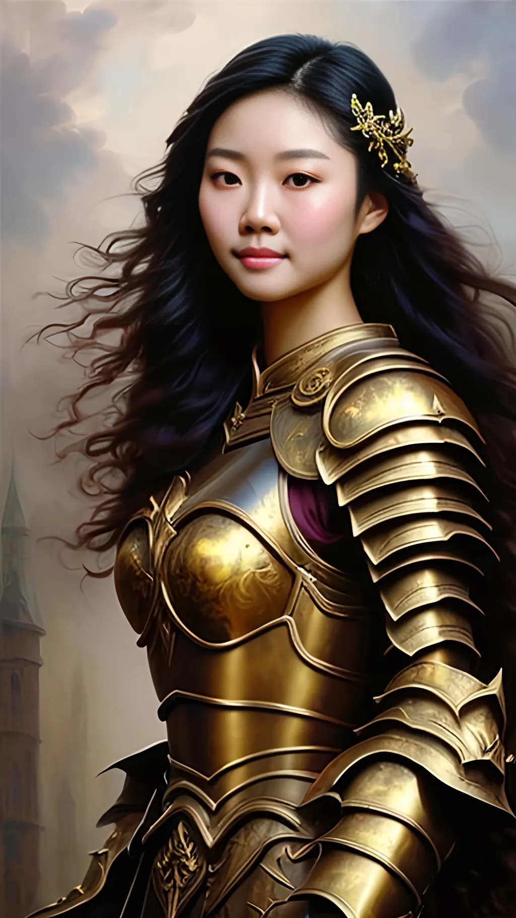 Prompt: airbrushed matte oil painting, masterpiece:1.4, best quality:1.0,
highly detailed, beautiful face, asian woman, medieval fantasy portrait, beautiful young female, paladin, gold plate armor, gold helmet, in the style of Eric Belisle