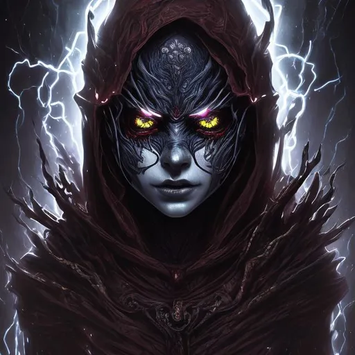 Prompt: artistic face; highly detailed; dark fantasy horror; female lich; glowing red eyes; black lightning