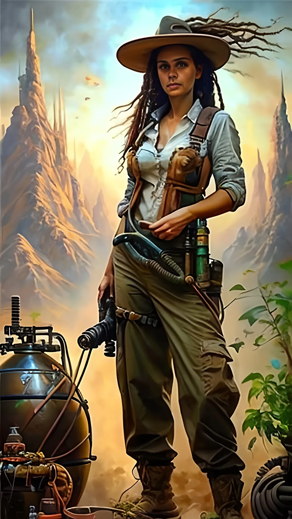 Prompt: airbrushed oil painting, masterpiece :1.4, best quality:1.0, solarpunk female homesteader, character portrait, in the style of Eric Belisle