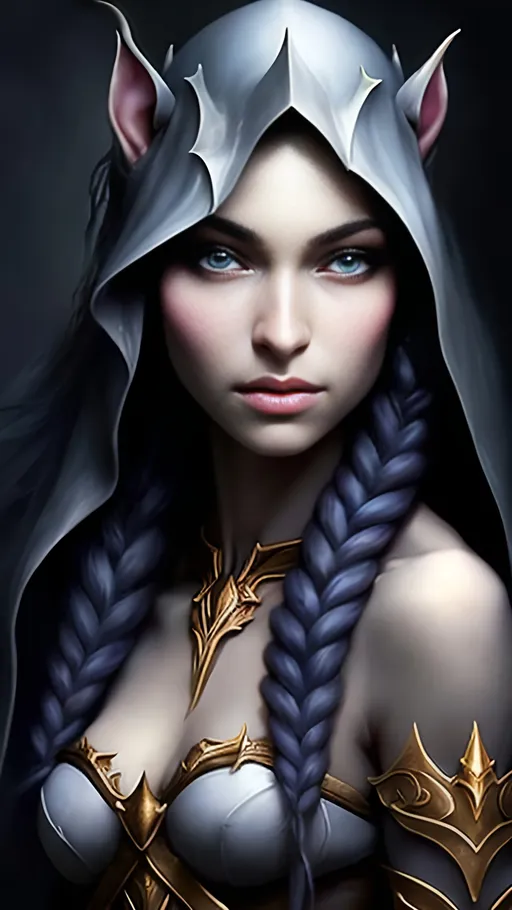 Prompt: airy airbrushed matte oil painting, masterpiece:1.4, best quality:1.0, realistic beautiful face; dark medieval fantasy portrait; drow elf; dark elf; black-skin; white-hair; Nyakim Gatwech, highly detailed; armor