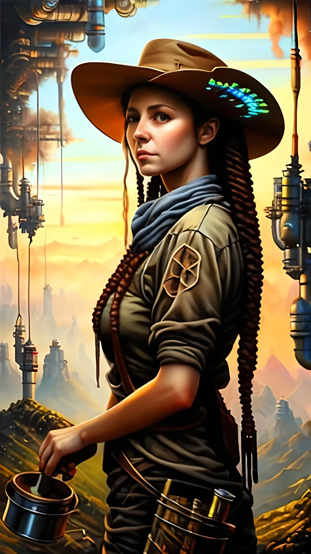 Prompt: airbrushed oil painting, masterpiece :1.4, best quality:1.0, solarpunk female settler, character portrait, in the style of Eric Belisle