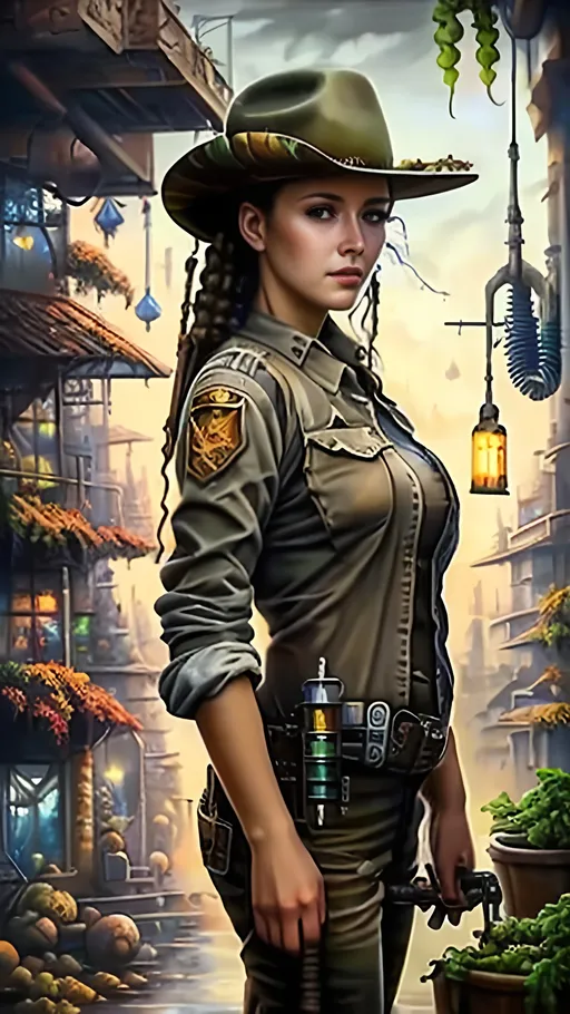 Prompt: airbrushed matte oil painting, masterpiece :1.4, best quality:1.0, beautiful female solarpunk agricultural town sheriff, character portrait, in the style of Eric Belisle