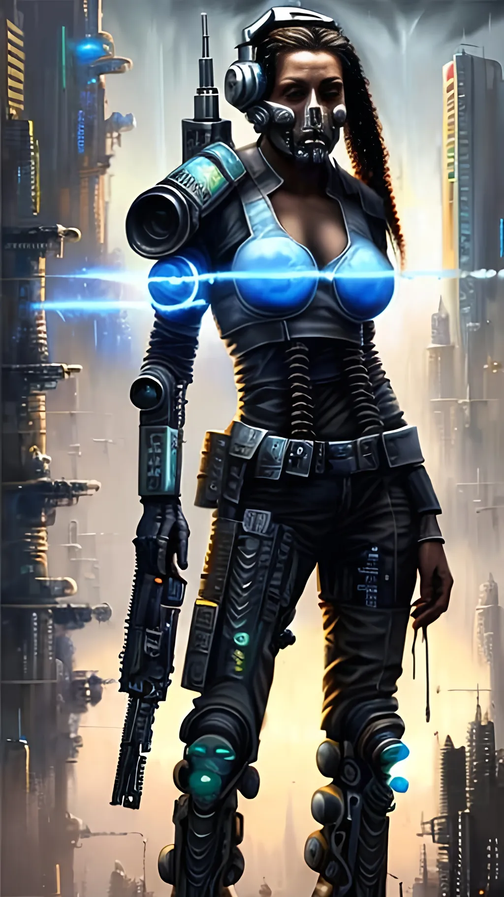 Prompt: airbrushed matte oil painting, masterpiece :1.4, best quality:1.0, cyberpunk, female cyborg mercenary wearing ballistic armor, character portrait, in the style of Eric Belisle