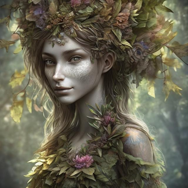 Prompt: realistic face; highly detailed; beautiful; dryad; peaking from behind a tree; dress made of leaves; crown of flowers