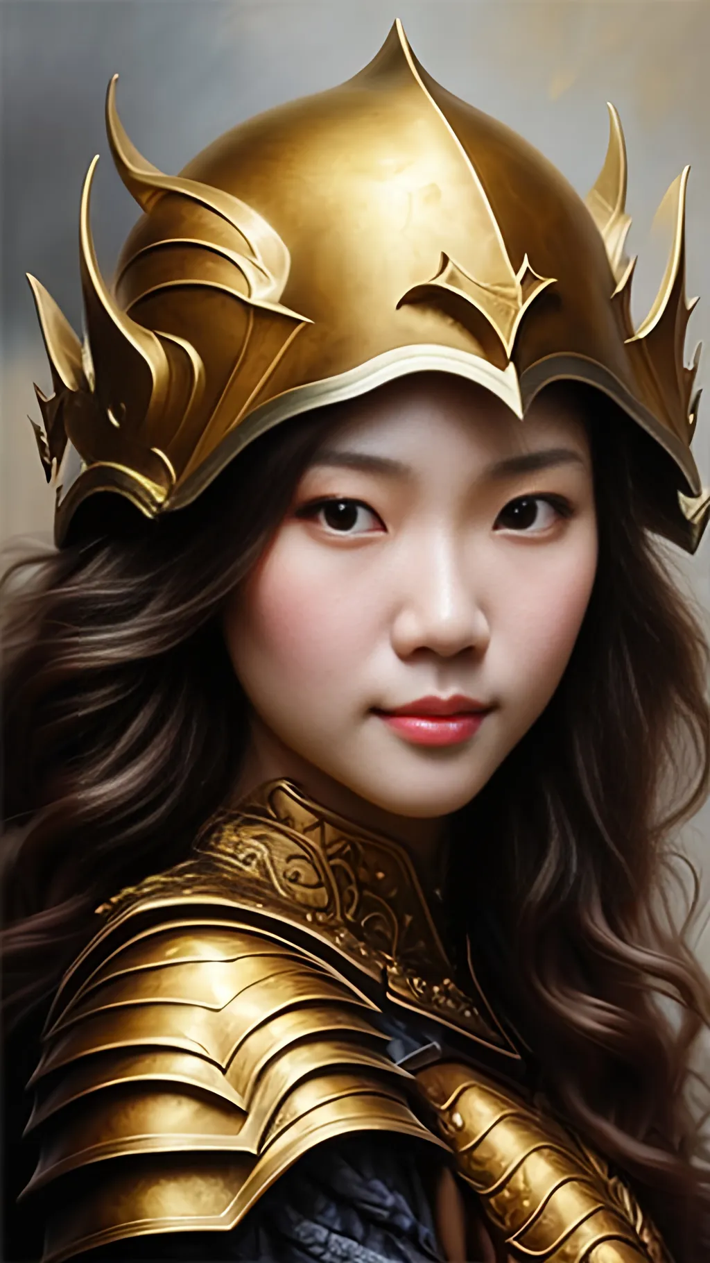 Prompt: airbrushed matte oil painting, masterpiece:1.4, best quality:1.0,
highly detailed, beautiful face, asian woman, medieval fantasy portrait, beautiful young female, paladin, gold plate armor, gold helmet, in the style of Eric Belisle