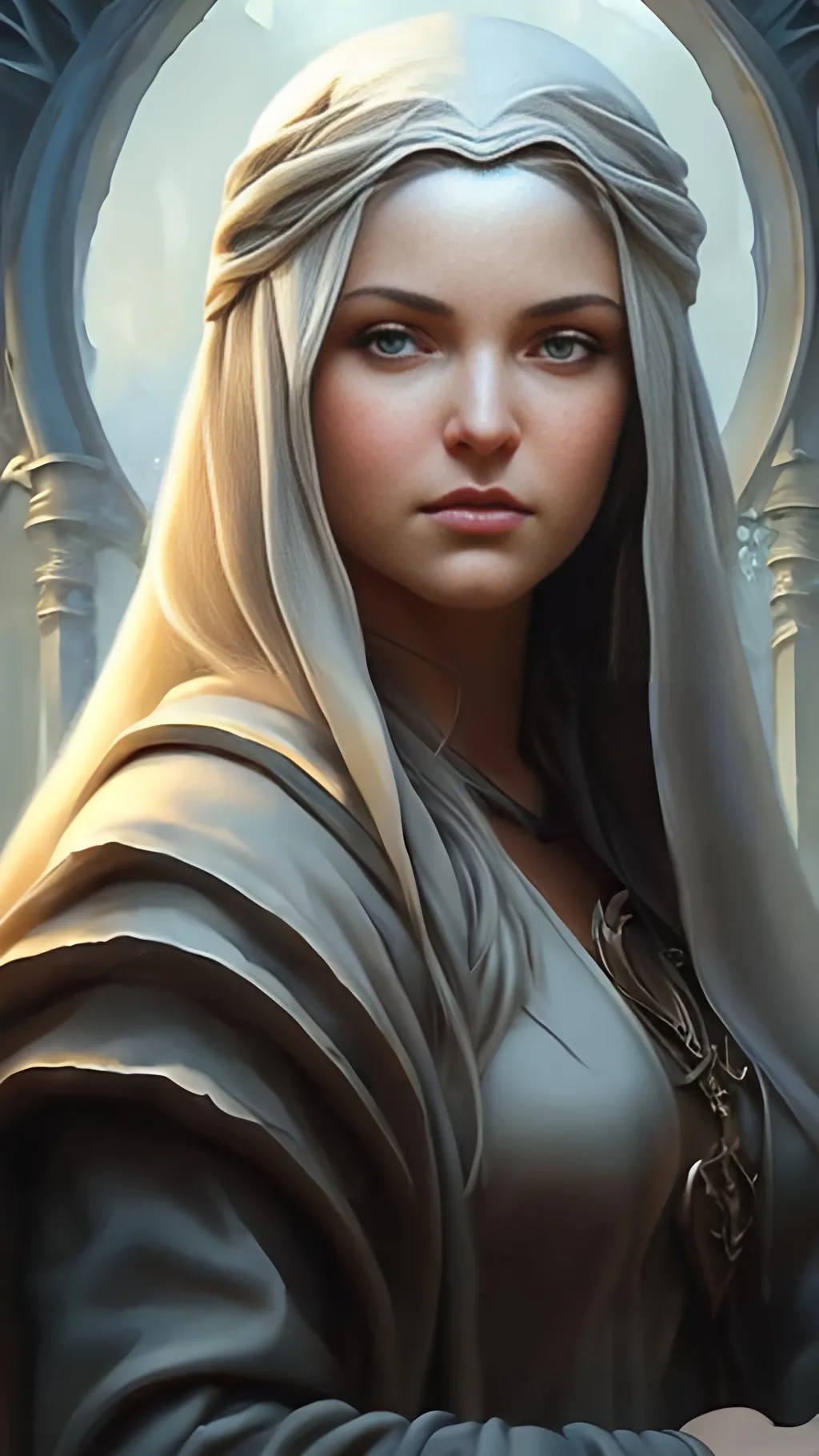 Prompt: airbrushed matte oil painting, masterpiece:1.4, best quality:1.0, photorealistic, highly detailed, medieval fantasy, character portrait, angelic face, female aasimar, serene expression, in the style of Eric Belisle