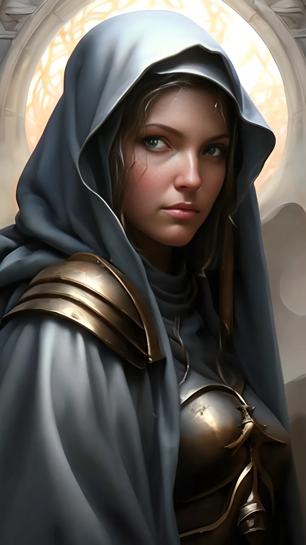 Prompt: airbrushed matte oil painting, masterpiece:1.4, best quality:1.0, photorealistic, highly detailed, medieval fantasy, character portrait, angelic face, female aasimar warrior nun, serene expression, in the style of Eric Belisle