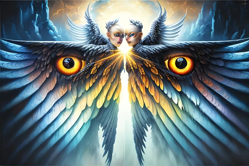 Prompt: airbrushed matte oil painting, masterpiece :1.4, best quality:1.0, non-euclidian series of interlocking discs covered in eyes and wings surrounded by holy radiance