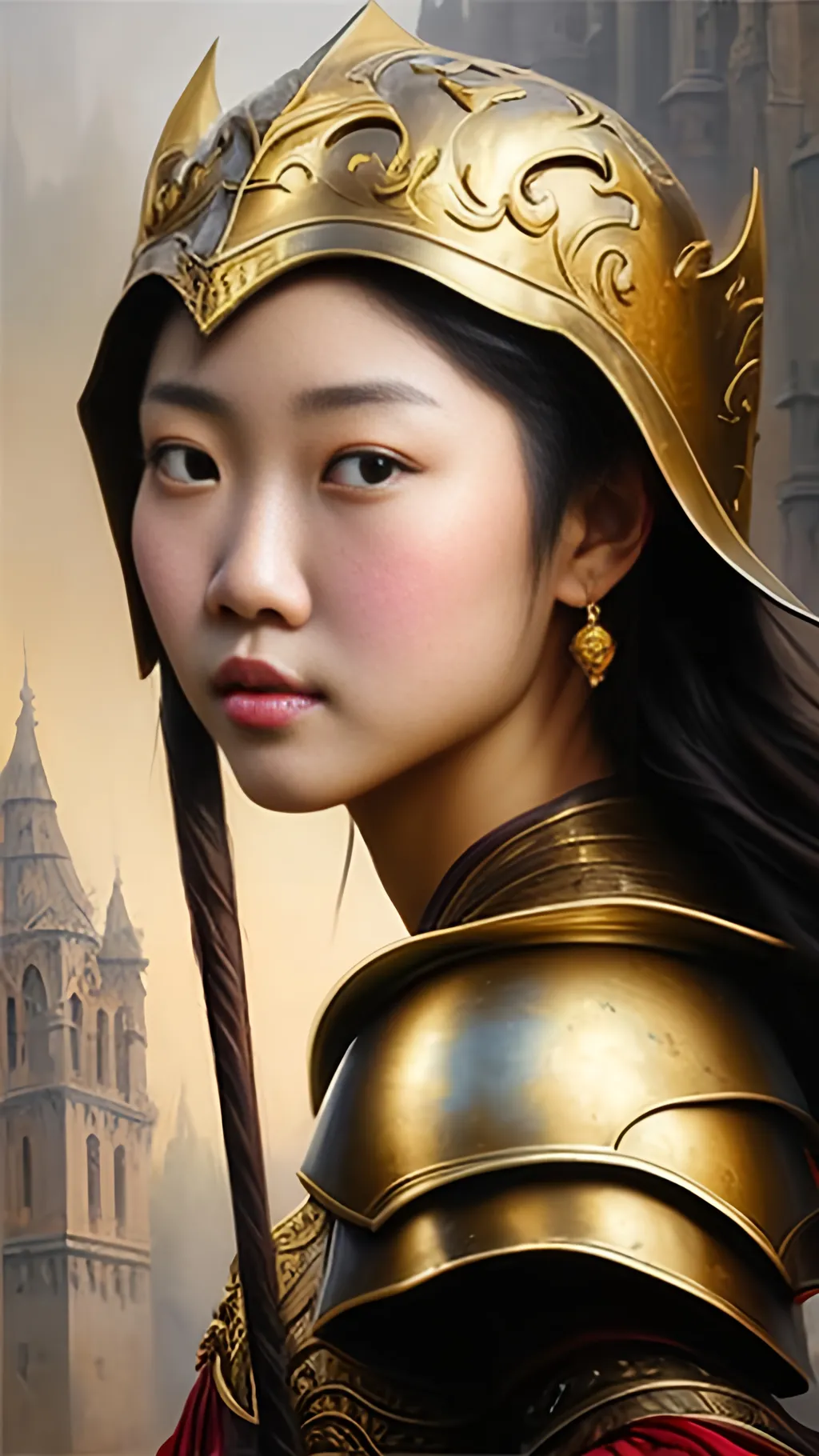 Prompt: airbrushed matte oil painting, masterpiece:1.4, best quality:1.0,
highly detailed, beautiful face, asian woman, medieval fantasy portrait, beautiful young female, paladin, gold plate armor, gold helmet, in the style of Eric Belisle