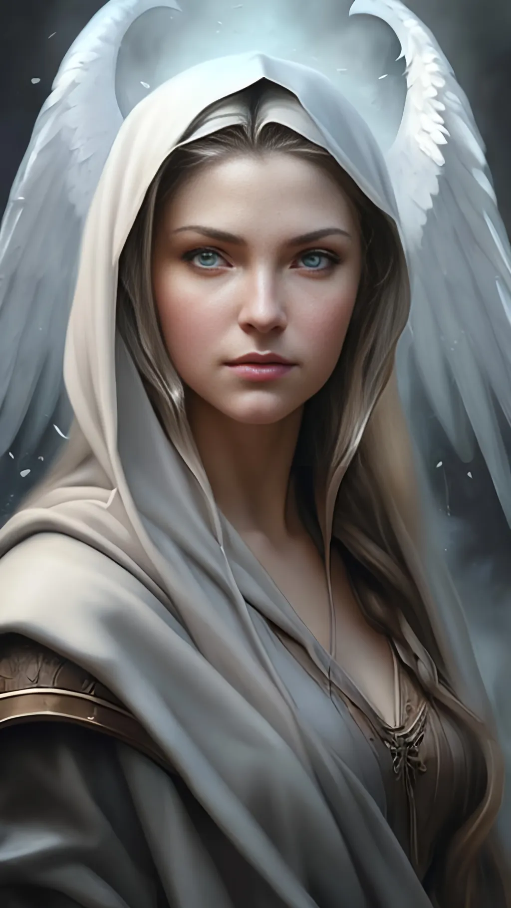 Prompt: airbrushed matte oil painting, masterpiece:1.4, best quality:1.0, photorealistic, highly detailed, medieval fantasy, character portrait, angelic face, female aasimar, serene expression, in the style of Eric Belisle