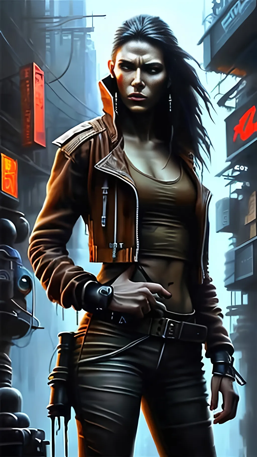 Prompt: airbrushed matte oil painting, masterpiece :1.4, best quality:1.0, cyberpunk, female street shaman wearing a brown leather jacket, character portrait, in the style of Eric Belisle