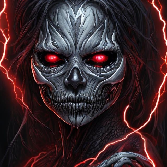 Prompt: artistic face; highly detailed; dark fantasy horror; female skeletal lich; glowing red eyes; black lightning