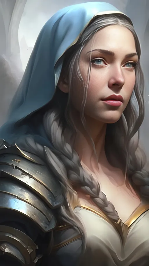 Prompt: airbrushed matte oil painting, masterpiece:1.4, best quality:1.0, photorealistic, highly detailed, medieval fantasy, character portrait, angelic face, female aasimar paladin, serene expression, in the style of Eric Belisle