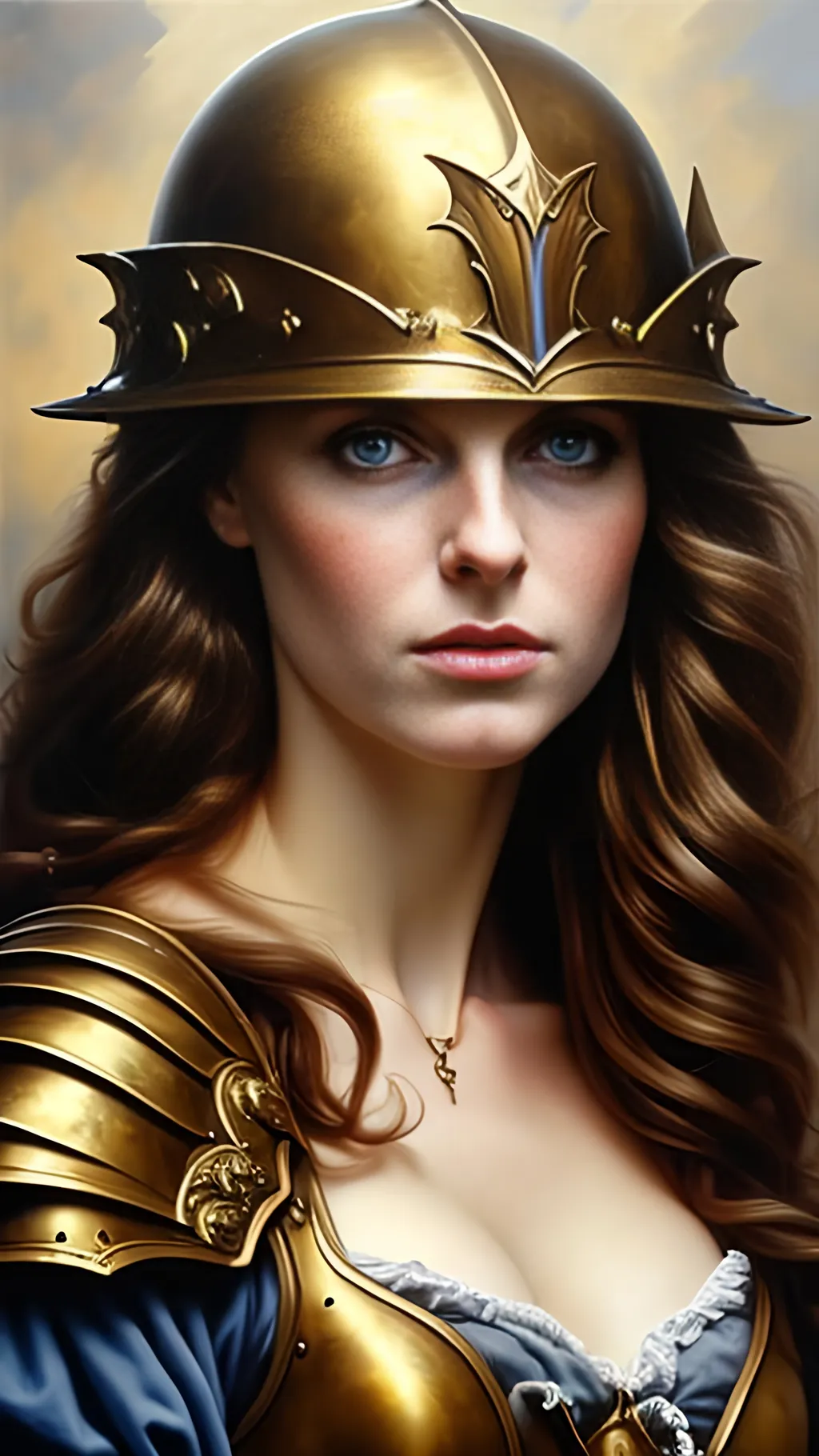 Prompt: airbrushed matte oil painting, masterpiece:1.4, best quality:1.0,
highly detailed, beautiful face, scottish woman, medieval fantasy portrait, beautiful young female, paladin, gold plate armor, gold helmet, in the style of Eric Belisle