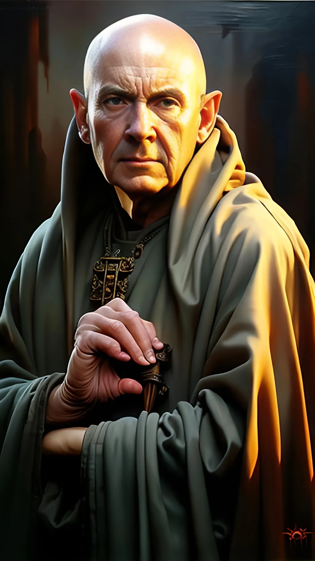 Prompt: airbrushed matte oil painting, masterpiece:1.4, best quality:1.0, photorealistic, highly detailed, medieval fantasy, wise face, no beard, character portrait, middle-aged sun priest, in the style of Eric Belisle