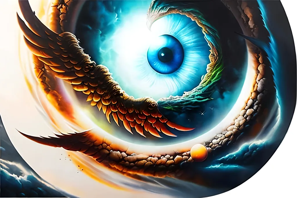 Prompt: airbrushed matte oil painting, masterpiece :1.4, best quality:1.0, radiant eye surrounded by spinning rings, six wings