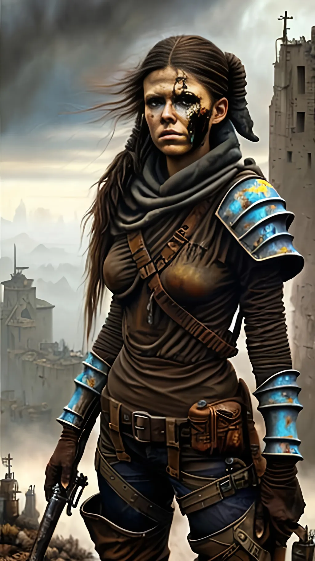 Prompt: airbrushed matte oil painting, masterpiece :1.4, best quality:1.0, post-apocalyptic, dirty face, female in cobbled together piecemeal armor, character portrait, in the style of Eric Belisle