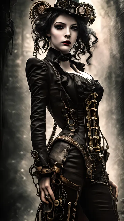 Prompt: photograph, (masterpiece:1.0) (best quality:1.0), highly detailed, character portrait, steampunk horror, beautiful, noir femme fatale