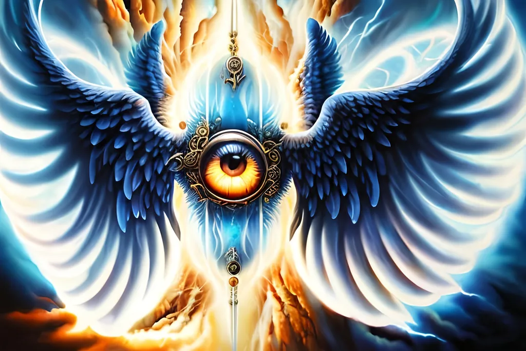 Prompt: airbrushed matte oil painting, masterpiece :1.4, best quality:1.0, radiant eye surrounded by spinning rings, six wings
