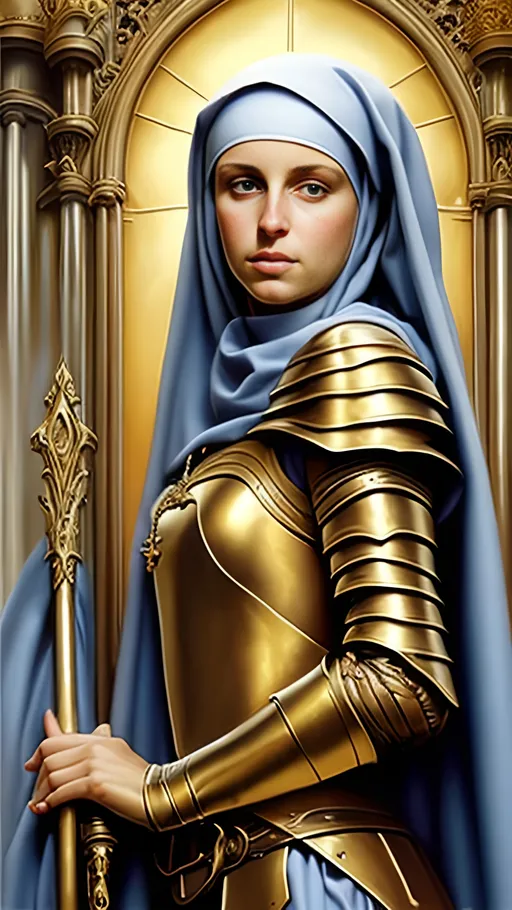 Prompt: airbrushed matte oil painting, masterpiece:1.4, best quality:1.0,
highly detailed, beautiful face, hispanic, medieval fantasy portrait, beautiful young female, warrior nun, gold plate armor, in the style of Eric Belisle