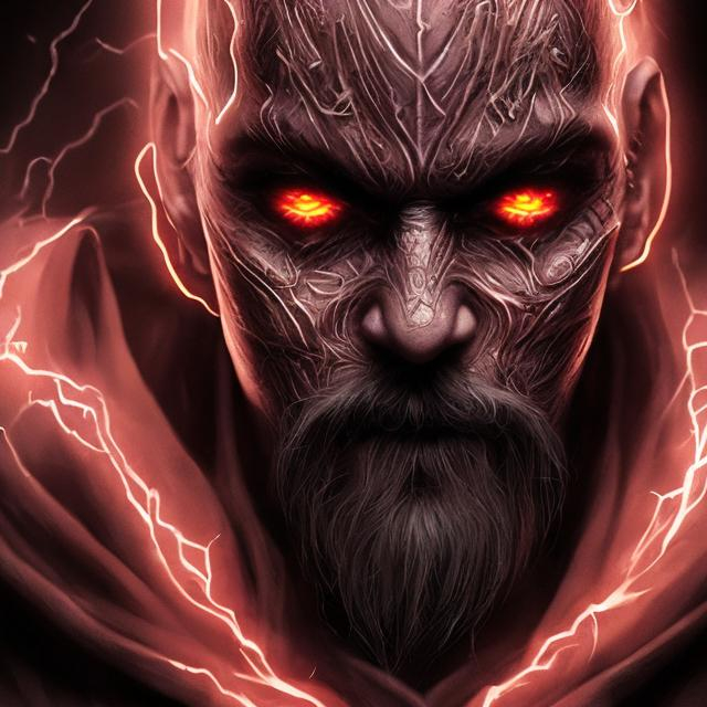 Prompt: artistic face; highly detailed; dark fantasy; darkly handome; bald; wizard; glowing pale eyes; red robes; scarification; black lightning