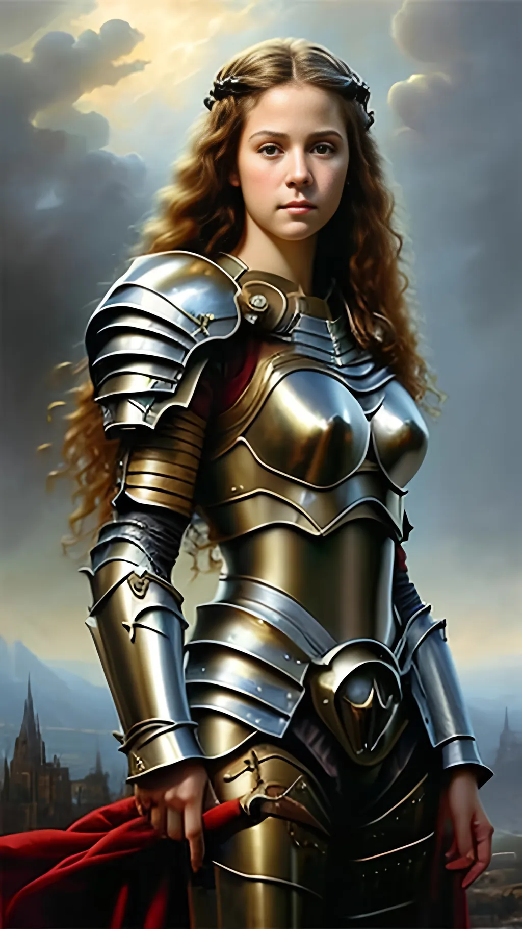 Prompt: airbrushed matte oil painting, masterpiece:1.4, best quality:1.0
realistic beautiful face, medieval fantasy portrait, highly detailed, pretty young adult, female paladin, gold plate armor, in the style of Eric Belisle