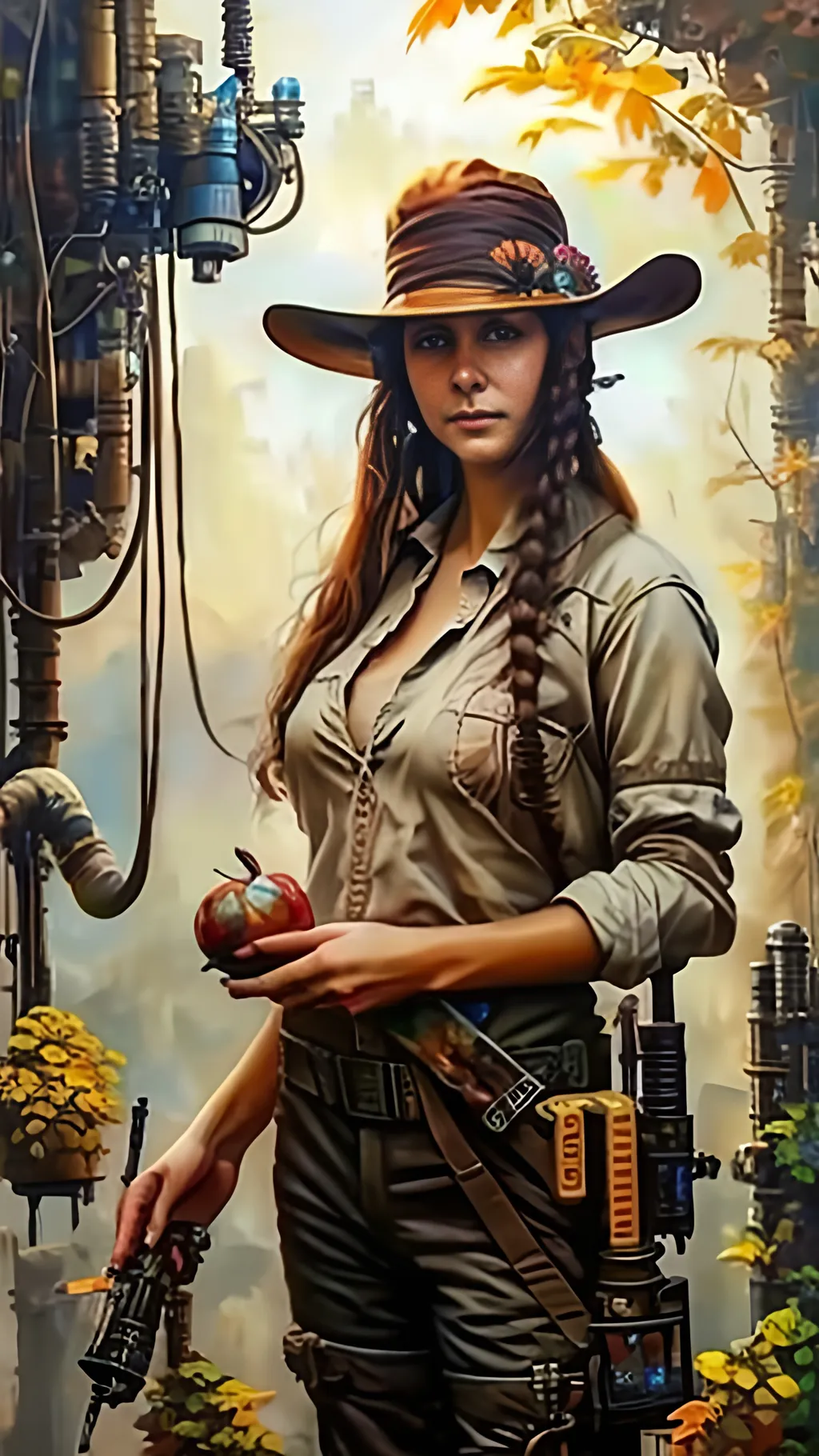Prompt: airbrushed oil painting, masterpiece :1.4, best quality:1.0, solarpunk female homesteader, character portrait, in the style of Eric Belisle