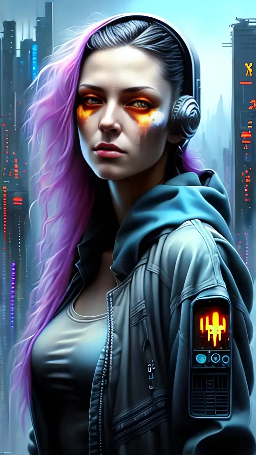 Prompt: airbrushed matte oil painting, masterpiece :1.4, best quality:1.0, cyberpunk, female hacker, character portrait, in the style of Eric Belisle
