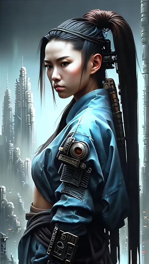 Prompt: airbrushed matte oil painting, masterpiece :1.4, best quality:1.0, cyberpunk, female street samurai, character portrait, in the style of Eric Belisle