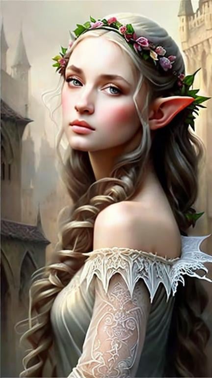 Prompt: airy airbrushed matte oil painting, masterpiece:1.4, best quality:1.0, realistic face; medieval fantasy portrait; highly detailed; achingly beautiful; gorgeous lace gown; tiara; female elf princess; in the style of eric belisle