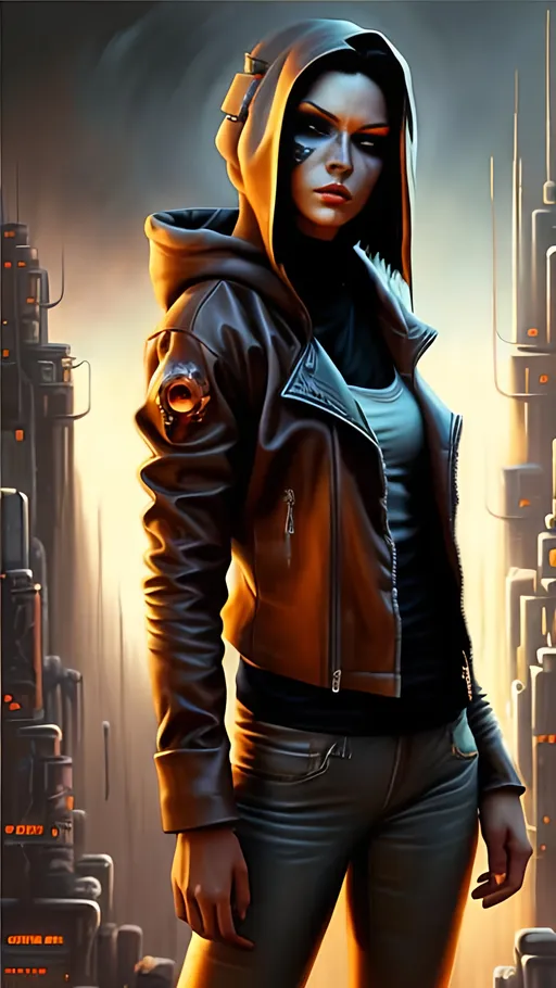 Prompt: airbrushed matte oil painting, masterpiece :1.4, best quality:1.0, cyberpunk, female street mage wearing a brown leather jacket, character portrait, in the style of Eric Belisle