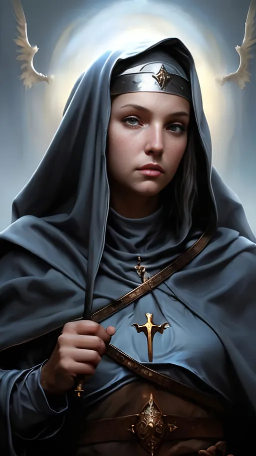 Prompt: airbrushed matte oil painting, masterpiece:1.4, best quality:1.0, photorealistic, highly detailed, medieval fantasy, character portrait, angelic face, female aasimar warrior nun, serene expression, in the style of Eric Belisle