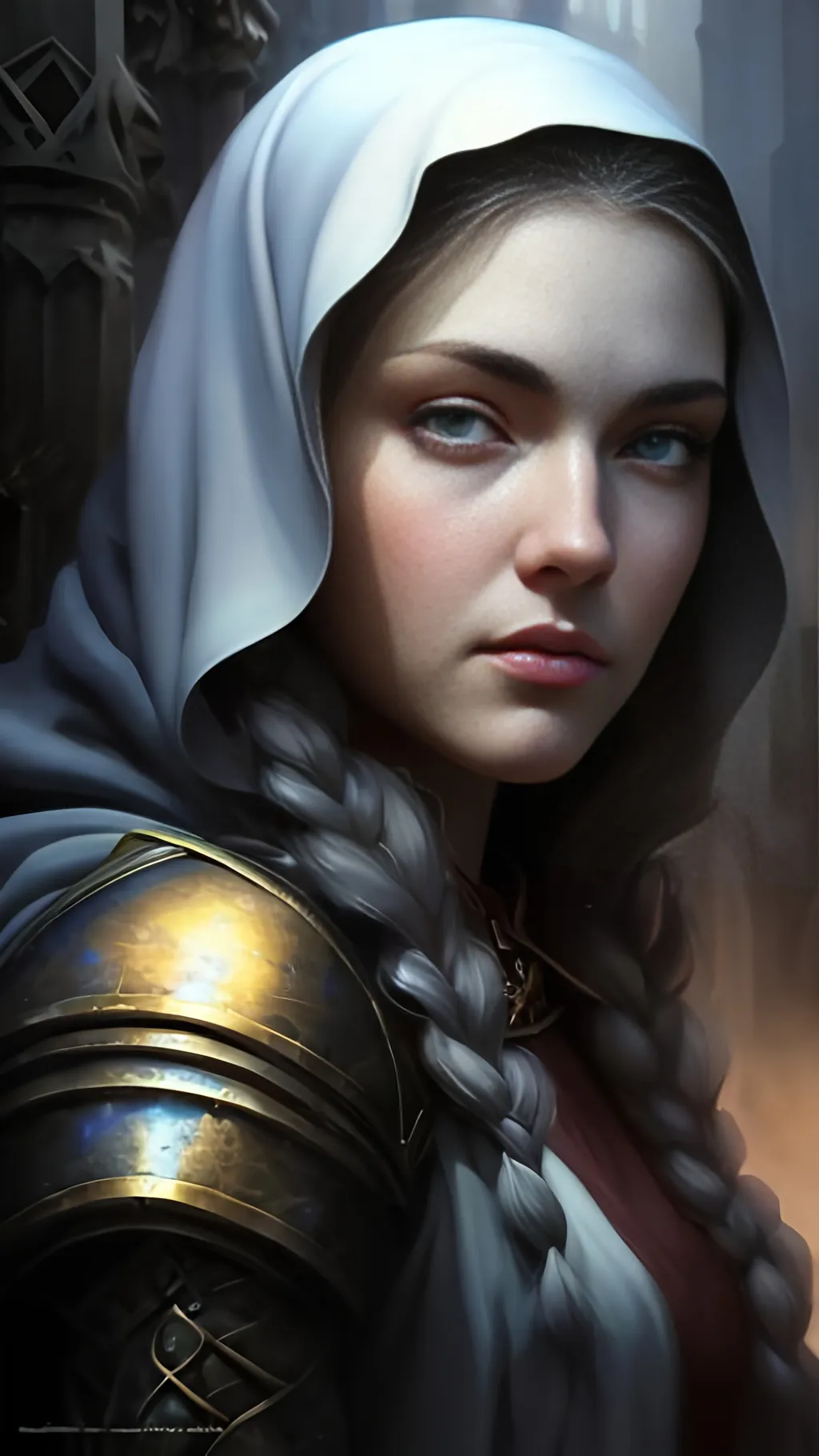 Prompt: airbrushed matte oil painting, masterpiece:1.4, best quality:1.0, photorealistic, highly detailed, medieval fantasy, character portrait, angelic face, female aasimar, serene expression, in the style of Eric Belisle